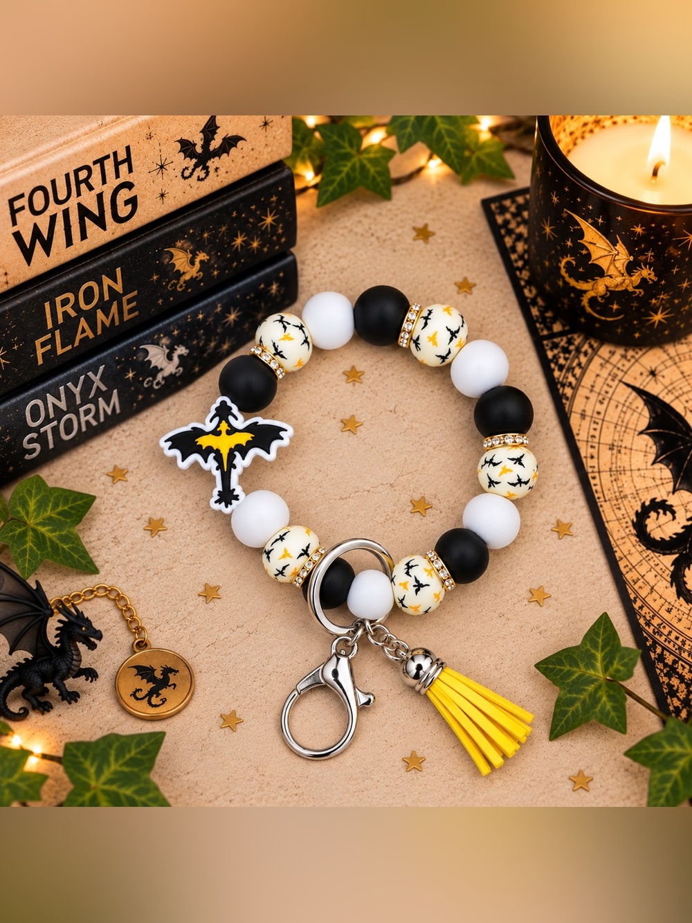 Fourth Wing Novelty Beaded Wristlet Keychain